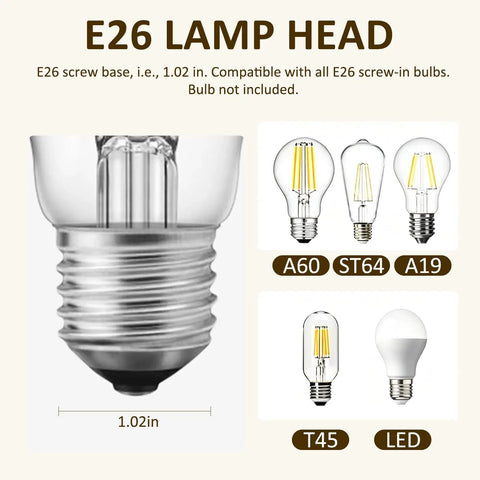 E26 lamp head compatible with all E26 screw bulbs, measuring 1.02 inches, showing various bulb types.