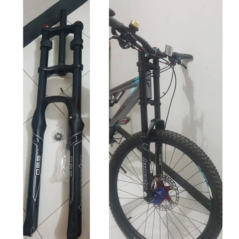 Beefy Front Suspension Fork For Mountain Bikes 26 27.5 29, 130mm Stroke, Straight 1-1/8 Steerer, Double Crown DH mounted on bike