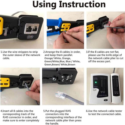 Pro Grade RJ45 Cat6 Crimp Tool Set With Pass Through Connectors instructional steps for Ethernet cabling installation