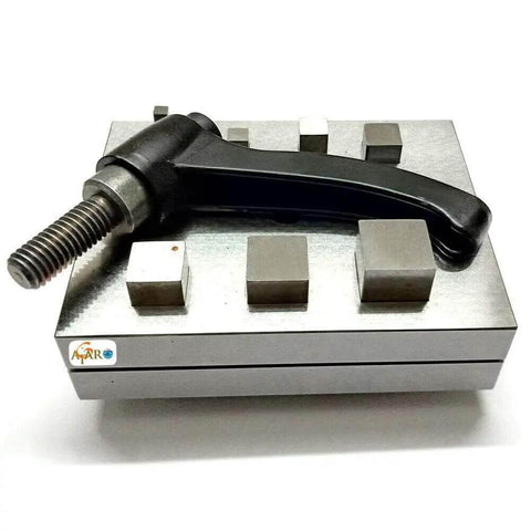 Square Shape Disc Cutter Set 7 Piece Punch Tool Kit For Jewelry Making, showing metal cutters and a handle on a flat surface.