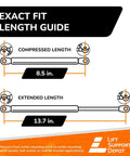 Workhorse Gas Lift Struts For Toolbox Lids 2 Pack Heavy Duty Replacement Shocks showing compressed and extended length measurements.