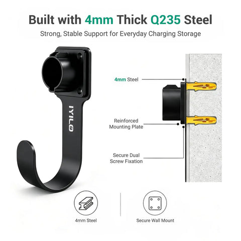 Heavy Duty EV Charger Wall Mount Bracket Compatible With SAE J1772 Connectors features a 4mm thick Q235 steel hook for storage.
