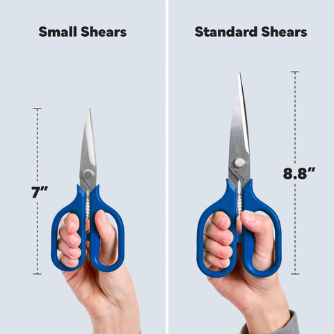 Heavy Duty Kitchen Shears For Everyday Chores, Pro Grade Stainless Steel Scissors For Meat, Herbs And Veggies, 7-inch blue handle compared to 8.8-inch standard size