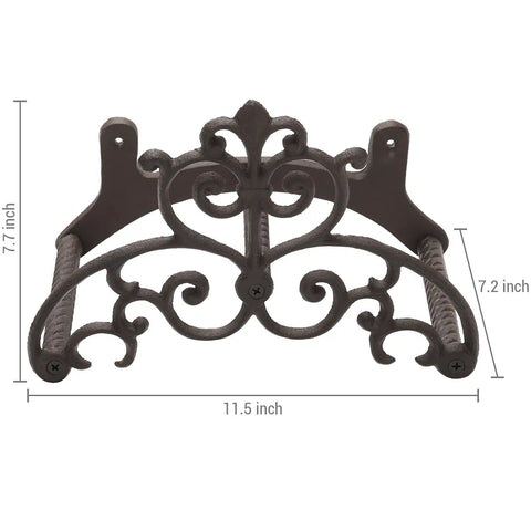 Brown Heavy Duty Cast Iron Outdoor Garden Hose Hanger With Wall Mount Water Hose Holder Reel Vintage Scrollwork Design