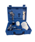 Handheld Airbrush Spray Gun Kit With Gravity Feed Paint Sprayer And Rust Proof Steel Body adjustable nozzles in blue carrying case.