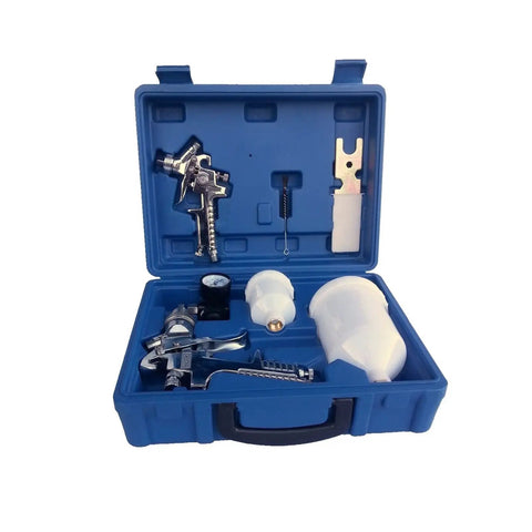 Handheld Airbrush Spray Gun Kit With Gravity Feed Paint Sprayer And Rust Proof Steel Body adjustable nozzles in blue carrying case.