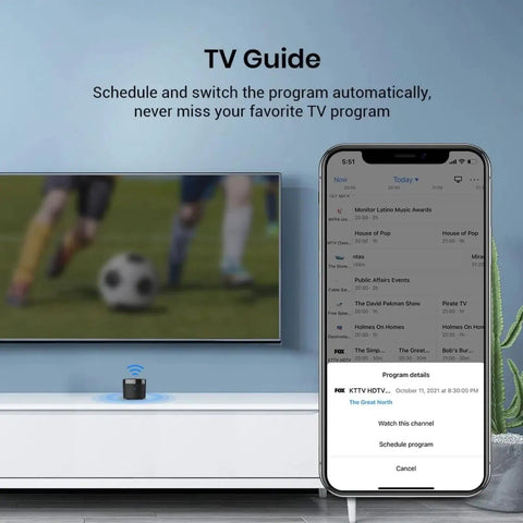 RM4 Mini Smart Infrared Remote Hub for 2.4GHz WiFi control on TV stand, smartphone displaying TV guide and scheduling features.
