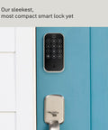 Rock Solid Smart Deadbolt With Wireless Wifi And Touchscreen Keypad For Hassle Free Keyless Entry Tight Auto Lock Security And Sleek Passage Lever Handle In Satin Nickel Pack Of Three, showcasing black keypad on blue door.