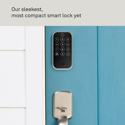 Rock Solid Smart Deadbolt With Wireless Wifi And Touchscreen Keypad For Hassle Free Keyless Entry Tight Auto Lock Security And Sleek Passage Lever Handle In Satin Nickel Pack Of Three, showcasing black keypad on blue door.