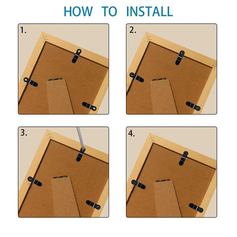 100-piece black metal picture frame turn-button fasteners with screws, installed on the back of a wooden frame.