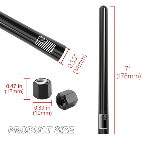 7 Inch Short Antenna With Dope American Flag Vibe And Tire Valve Caps For GMC Sierra Ram Chevy Silverado Ford F150 F250 F350 Super Duty Bronco Raptor Car Accessories Black, product size dimensions
