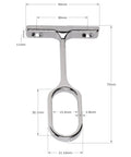 Hella Sturdy Closet Rod Center Supports, 3 Pack Chrome Oval Brackets, detailed dimensions of a chrome bracket, 75mm long.