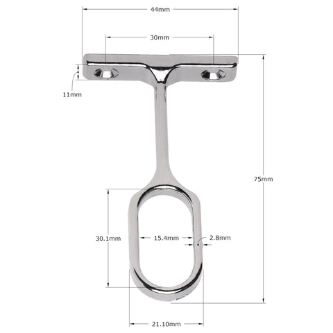 Hella Sturdy Closet Rod Center Supports, 3 Pack Chrome Oval Brackets, detailed dimensions of a chrome bracket, 75mm long.