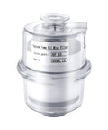 Heavy Duty Workhorse Oil Mist Filter Delivering Ninety Five Percent Clean Air Extraction For Vacuum Pump Exhaust Fume Scrubbing In Busy Machine Shops And Tight Garages, clear polycarbonate housing, KF 25 inlet port.