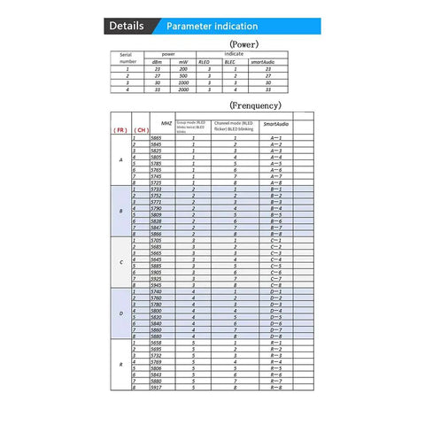 Parameter chart for Over 20Km Range 5.8GHz FPV Wireless Transmitter 2000mW 48CH Video AV Audio Sender, details and frequencies