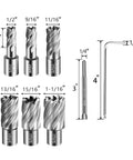 Kickass Hss Annular Cutter Set Weldon Shank Magnetic Drill Press Core Drill Bits, sizes 1/2 to 1 1/16 inch, includes hex wrench.