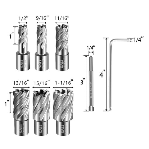 Kickass Hss Annular Cutter Set Weldon Shank Magnetic Drill Press Core Drill Bits, sizes 1/2 to 1 1/16 inch, includes hex wrench.