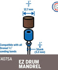 EZ Drum Mandrel with brown sanding drum and blue body; 1/2" diameter drum and 1/8" shank.