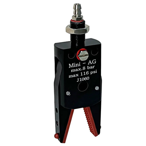 Mini Pneumatic Parallel Gripper J1060 With Extended Jaw, metal construction, shown upright, for silicone strip detection and automation