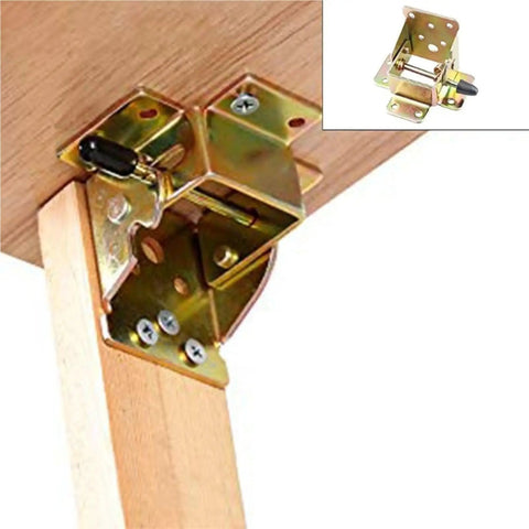 Iron Lock Folding Table And Chair Leg Bracket Hinges 4 Piece Set, attached to wood leg and surface, heavy-duty steel.