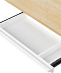 Under Desk Sliding Drawer With Smooth Ball Bearing Rails For Sit Stand Tabletops Pull Out Organizer, white plastic storage bin partially open.