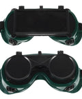 Two Pack Kickass Welding Safety Goggles With Quick Flip Cover And Slip Resistant Adjustable Headband showing green lenses and flip cover.