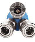Top view of One Quarter Inch NPT Three Way Pneumatic Air Fitting Manifold Block Splitter showing three quick connect outlets.