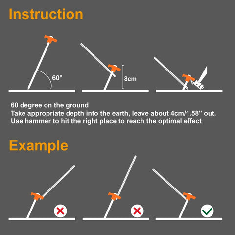 Diagram showing 11 Inch Tent Stakes 10 Pack Heavy Duty Ground Anchors at a 60-degree angle for outdoor camping setup.