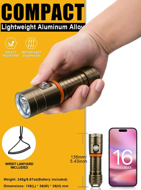 Hand holding Underwater Dive Light 3500 Lumens With 485M Long Range Narrow Beam 150M Waterproof Rechargeable LED Torch
