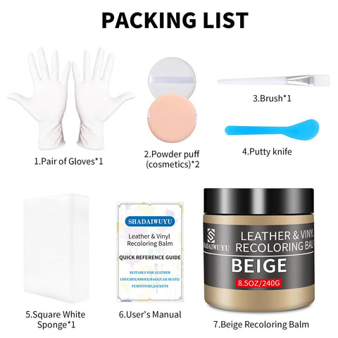 Packing list for Top Tier Leather Recoloring Balm Plus Deep Color Restorer includes tools and user manual.