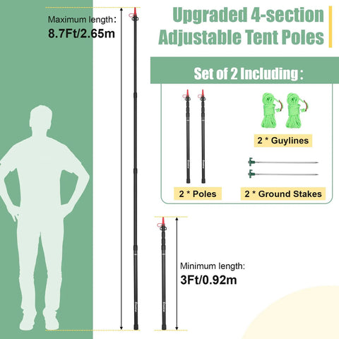 Diagram of Telescoping Tarp Poles 4 Section Adjustable Aluminum Heavy Duty Poles 8.7 Feet with guylines and stakes