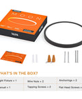 Box and components of LED Flush Mount Ceiling Light 18W 180W Equivalent Slim Black Fixture, 8.9 Inch, shown with screws and manual