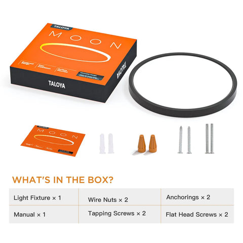 Box and components of LED Flush Mount Ceiling Light 18W 180W Equivalent Slim Black Fixture, 8.9 Inch, shown with screws and manual