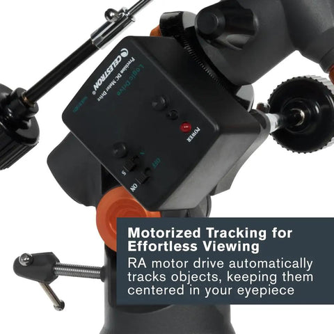 Close-up of motorized drive on AstroMaster 130EQ-MD Newtonian Reflector Telescope Starter Kit With Motorized Drive To Track Stars.