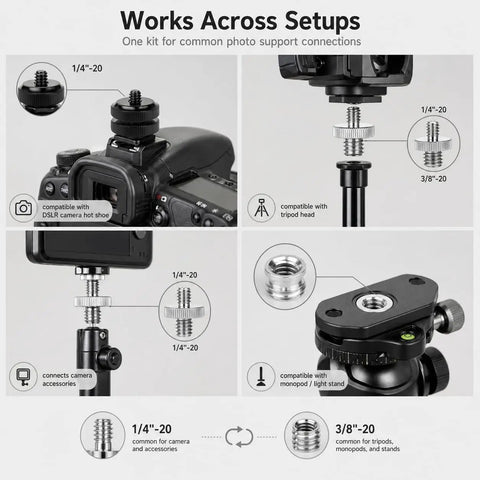 Badass 22 Piece Camera Mount Screw And Adapter Set With 1/4 To 3/8 Tripod Reducers And Hot Shoe Mounts For Dslr SLR Cameras Monopods And Ballheads Straight Up Heavy Duty Aluminum Gear Grabber showing various camera mount connections.