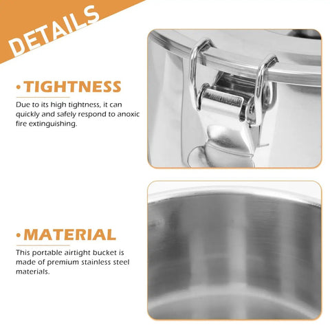 Close-up of stainless steel airtight bucket lid clamp and interior for beverages, camping, and beer chilling