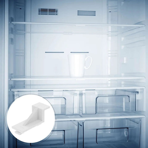 White Plastic Fridge Shelf Clips Set Of 10 For Freezers And Refrigerators, shown in a fridge with shelf brackets.