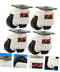 Heavy Duty Swivel Casters 4 Pack Adjustable Leveling Feet Six Inch Flat Base For Workbenches Shop Carts And Furniture showing four casters with black wheels.