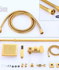 NUHSLF Shower System Luxury Brass Golden Shower Faucet Single Lever 8Inch Rain Shower Mixer Kit components with shower hoses and fittings.