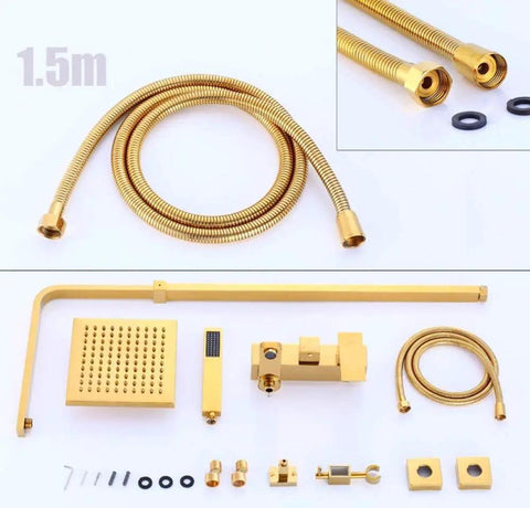 NUHSLF Shower System Luxury Brass Golden Shower Faucet Single Lever 8Inch Rain Shower Mixer Kit components with shower hoses and fittings.