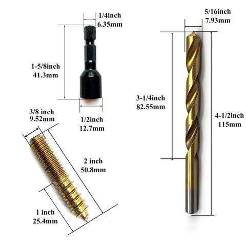 12 Pack Three Eighths Inch By Sixteen Threads Hanger Bolts With Pro Grade Alloy Steel Driver And HSS Twist Drill details