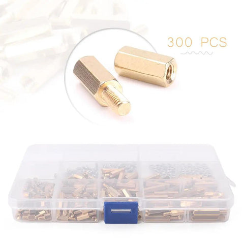 300Pcs M3 Brass Hex Column Standoff Spacer Nut Assortment Kit For Electronics Projects DIY Mounting Hardware With Brass And Stainless Options Versatile Mounting Hardware For PCBs And Panels, brass hex spacers in organizer box
