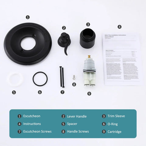 Pressure Balancing Valve Trim Replacement For D14 Series Matte Black parts layout with handle and temperature indicator