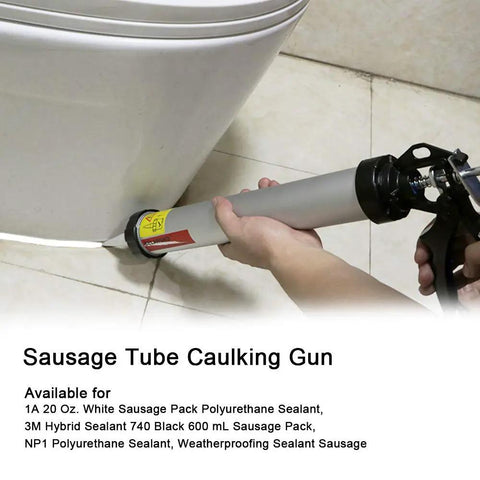 Person using 18:1 Manual Sausage Caulking Gun, 20 Oz Capacity, 600ml Bulk Tube, Aluminum Barrel With Rotating Cone Nozzles on bathroom fixture