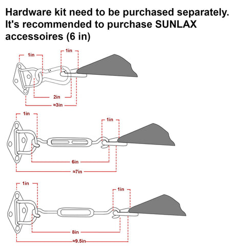 Hardware installation guide for Sun Shade Sail 8x10 Foot Sand Rectangle Canopy Shade Cover For Patio And Backyard UV Block Ninety Five Percent Permeable Mesh For Cool Breezes Weather Resistant Outdoor Sun Shade Custom Size Available, showing accessory measurements.