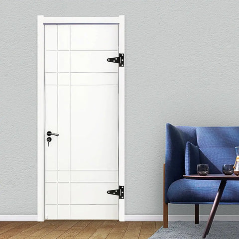 Heavy Duty T Shape Door Hinges Set With Zinc Coating In Iron For Easy Install on white door, 6 screw holes visible