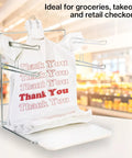 Chrome Grocery Bag Holder Stand, Space Saving Organizer For Easy Bag Storage, Fits 11.5 W By 6 D By 21 H Inches Bags, Compact 12 By 12 By 16 Inch Unit For Kitchen Counter Or Pantry, displayed holding plastic bags with 'Thank You' text.