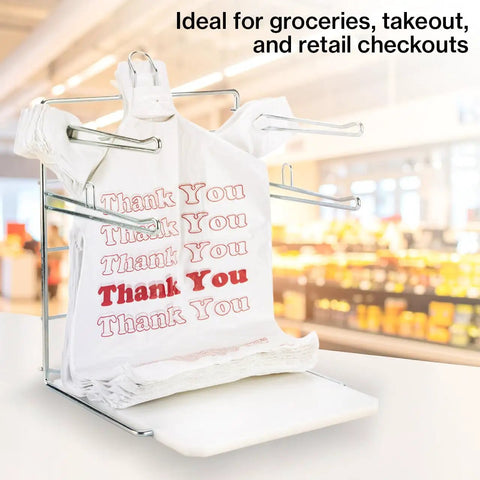 Chrome Grocery Bag Holder Stand, Space Saving Organizer For Easy Bag Storage, Fits 11.5 W By 6 D By 21 H Inches Bags, Compact 12 By 12 By 16 Inch Unit For Kitchen Counter Or Pantry, displayed holding plastic bags with 'Thank You' text.