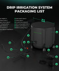 Auto Drip Irrigation Kit With 13 Gallon Foldable Bucket and 8 Drip Emitters packaging components and assembly guide.