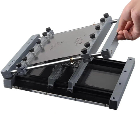 Manual Desktop Solder Paste Screen Printer For SMT PCB Prototyping, 250x250mm Stencil Printer in use, showing adjustable frame